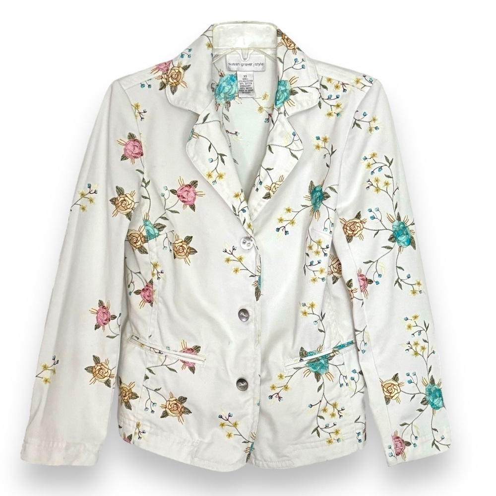 Susan Graver Style Size XS White Denim Multicolor Floral Embroidered Blazer